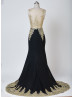 Mermaid Sheer Neckline Gold Lace Black Chiffon Beading Long Prom Dress